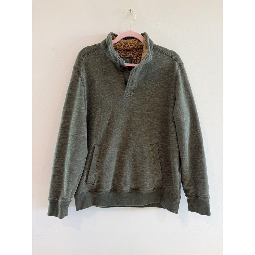 GH Bass Mens Sherpa Lined Mock Neck Quarter Button Pullover Olive Green Large